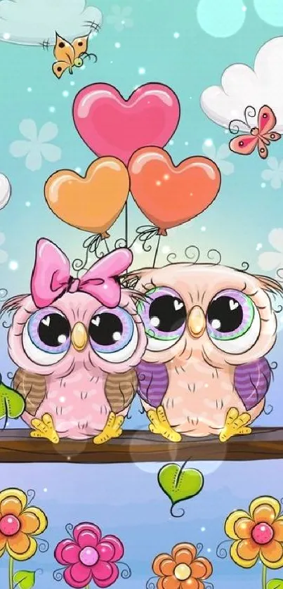 Adorable owl couple with heart balloons on a colorful background.