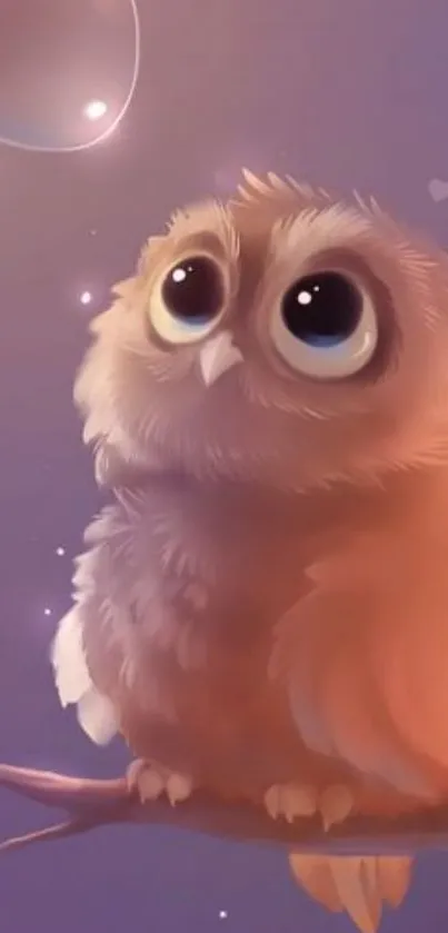 Cute fluffy owl sitting on a branch with a dreamy purple background.