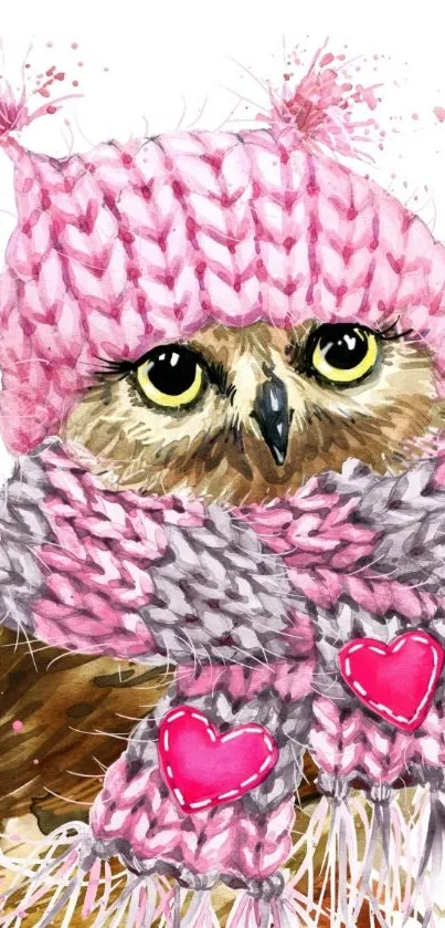 Cute owl in pink knitted hat and scarf with hearts.