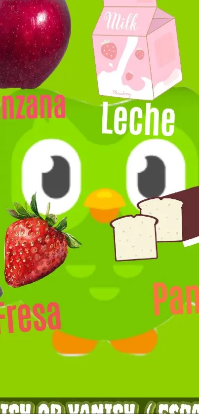 Cute owl with Spanish words and food items on green background.