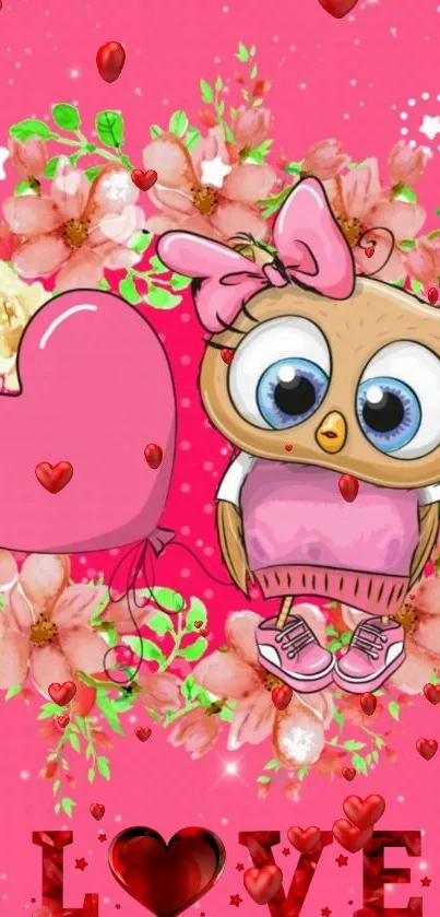 Cute owl with heart on pink floral background wallpaper.