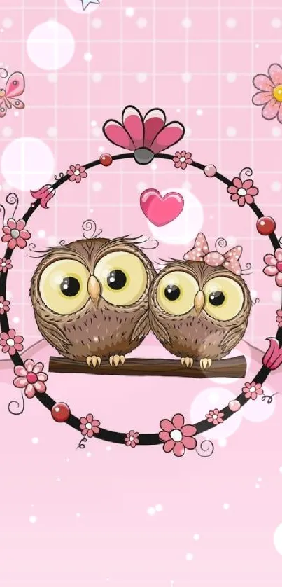 Adorable pink owl love wallpaper with floral design.