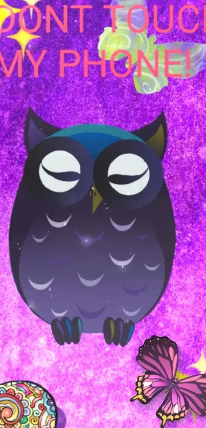 Cute owl wallpaper with purple background and funny message.