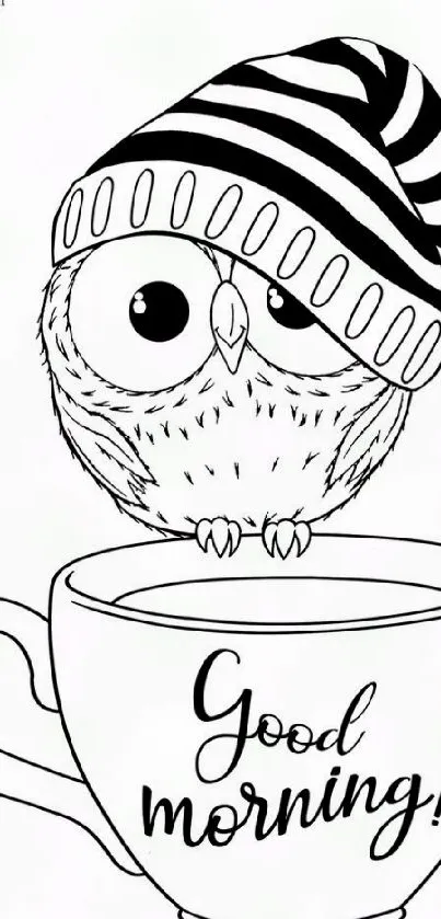 Cute owl in a striped hat inside a coffee cup with 'Good Morning' text.