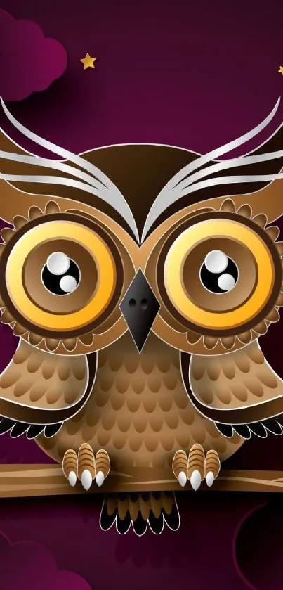 Cute cartoon owl with vibrant background on a purple wallpaper.