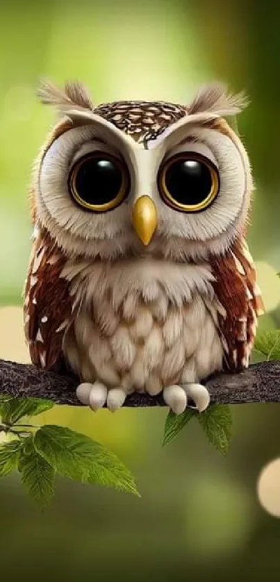 Adorable owl perched on a leafy branch in a green forest setting.