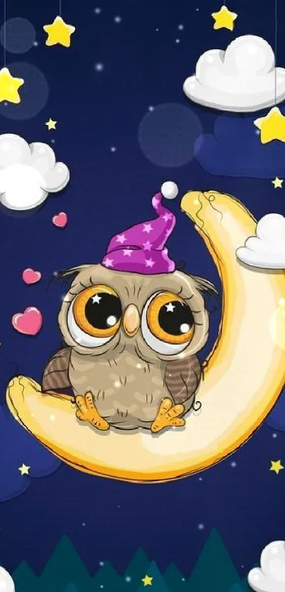 Cute cartoon owl sitting on a crescent moon surrounded by stars.