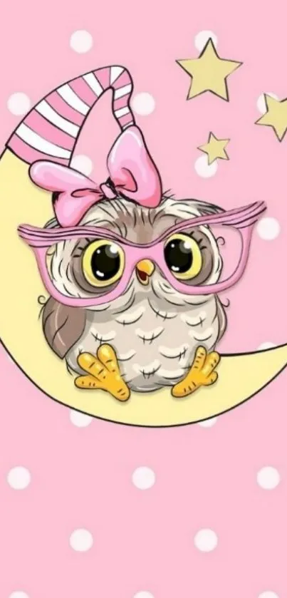 Cute owl with glasses on crescent moon in pink background.