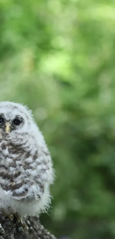 Fluffy baby owl perched on tree in lush green forest.