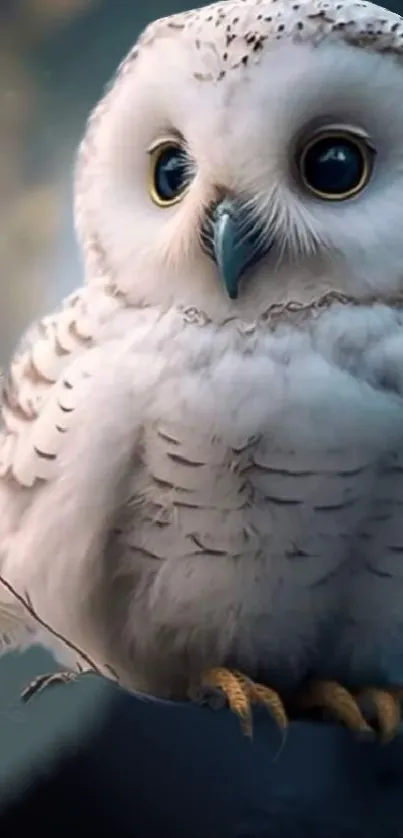 Fluffy white owl perched in a soft cloud ambiance.