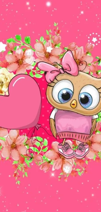 Cute owl with a heart on a pink floral background wallpaper.