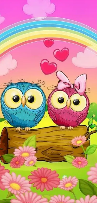 Cartoon owls on log with rainbow, hearts, and flowers in vibrant colors.