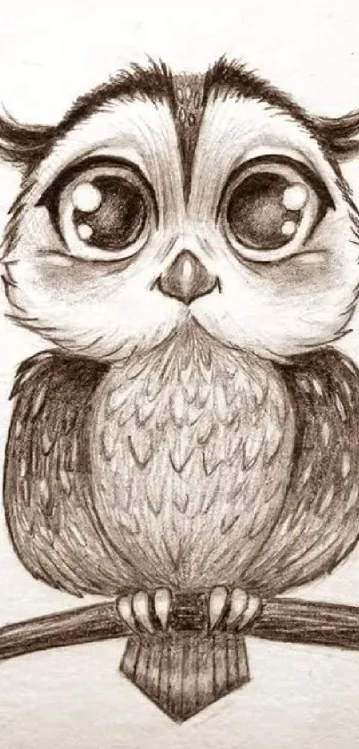 Pencil sketch of a cute owl with wide eyes sitting on a branch.