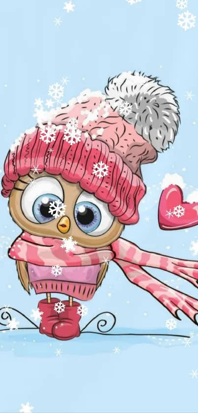 Cartoon owl wearing pink winter hat and scarf on a light blue background.