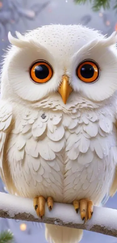 Adorable white owl standing on snowy branch in winter scene.