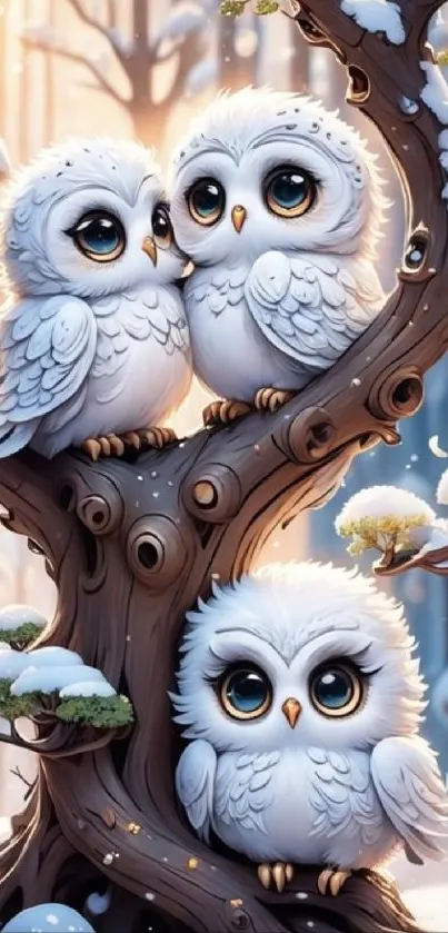 Adorable owls perched on a snowy tree during winter.