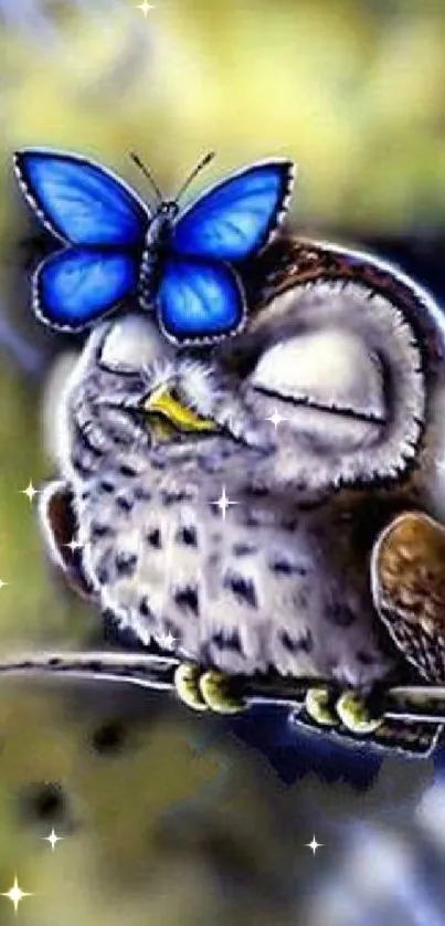 Cute owl with a vibrant blue butterfly on its head, set in nature.