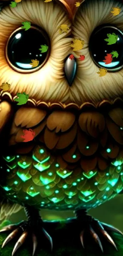 Whimsical owl with glowing feathers and autumn leaves.