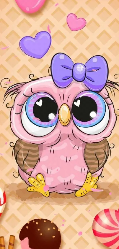 Cute pink owl with a bow and hearts over candy-themed background.