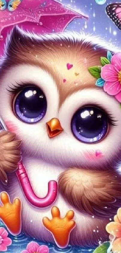 Cute cartoon owl with umbrella and flowers.