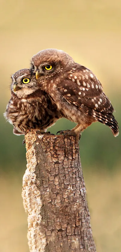 Adorable owls perched on a tree stump with a blurred brown background.