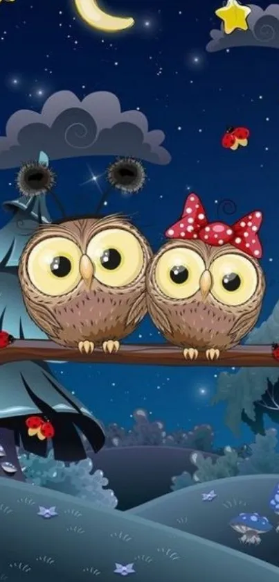 Cute owls sitting under a starry night sky wallpaper.