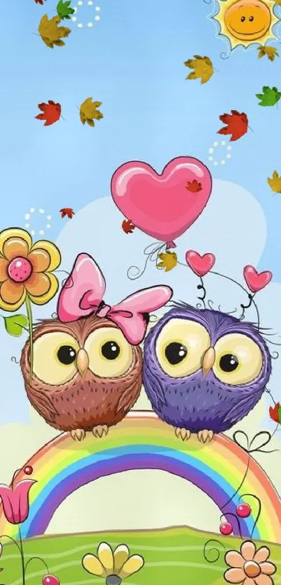 Two cartoon owls on a rainbow with heart balloon and flowers under a sunny sky.