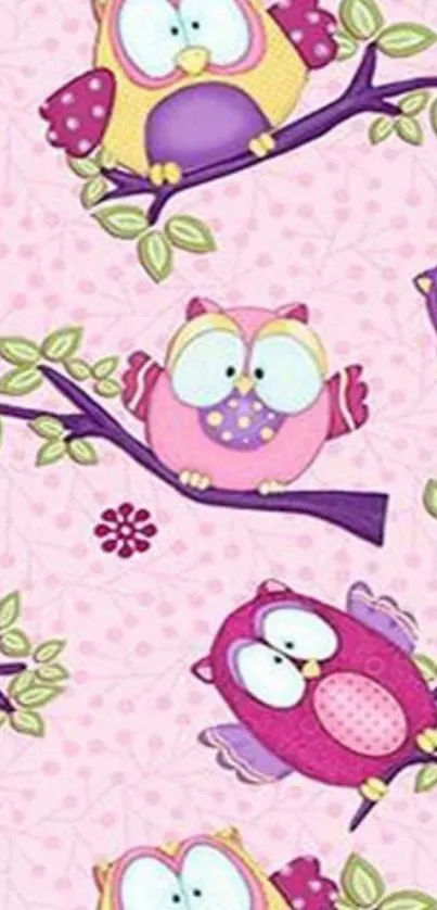 Whimsical pink owl wallpaper for phones.