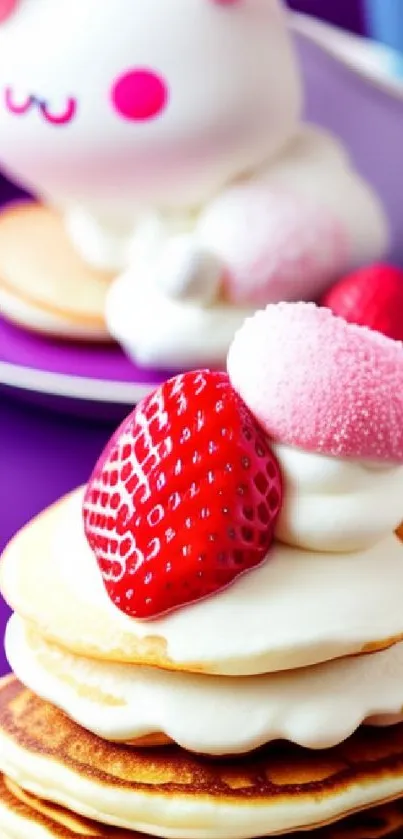 Cute pancake stack with strawberries and toy on a vibrant purple background.