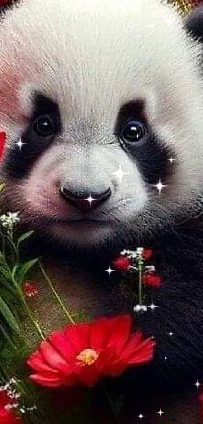 Adorable panda cub surrounded by vibrant red flowers, perfect for mobile wallpaper.