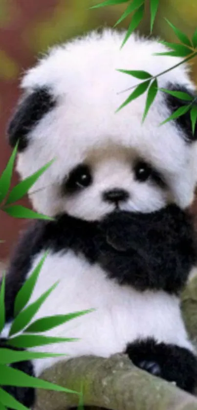 Cute panda plushie with bamboo leaves in nature.