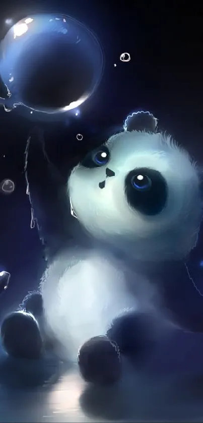 Cute panda playing with a bubble against a dark background.