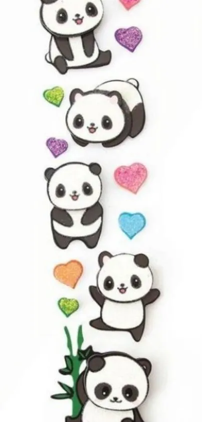 Cute pandas with colorful hearts wallpaper.