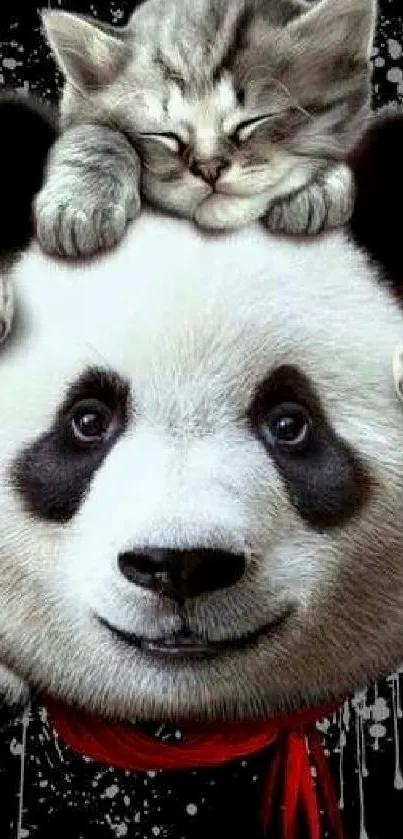 Cute kitten lays on a panda's head, vibrant art.