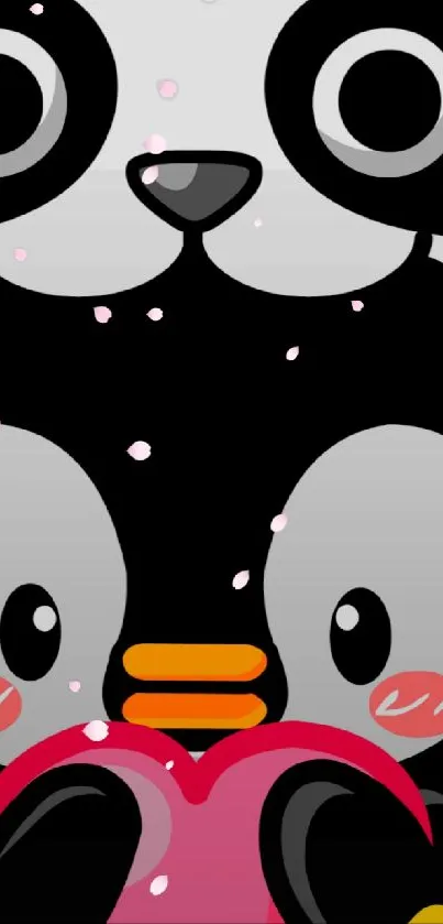 Cute panda and penguin mobile wallpaper with playful design.