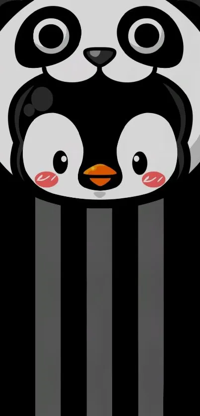 Cute panda and penguin on striped background wallpaper.