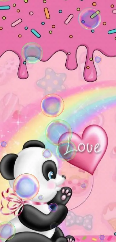 Cute panda holds a pink heart balloon with a rainbow background on wallpaper.