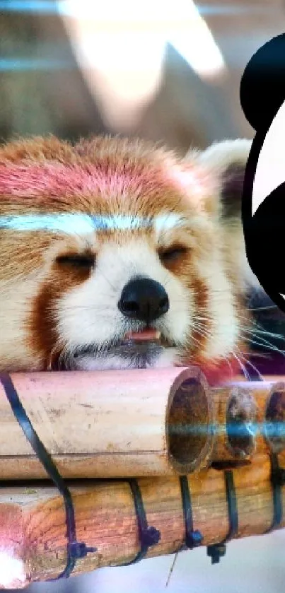 Cartoon panda with resting red panda on bamboo branches in wallpaper.