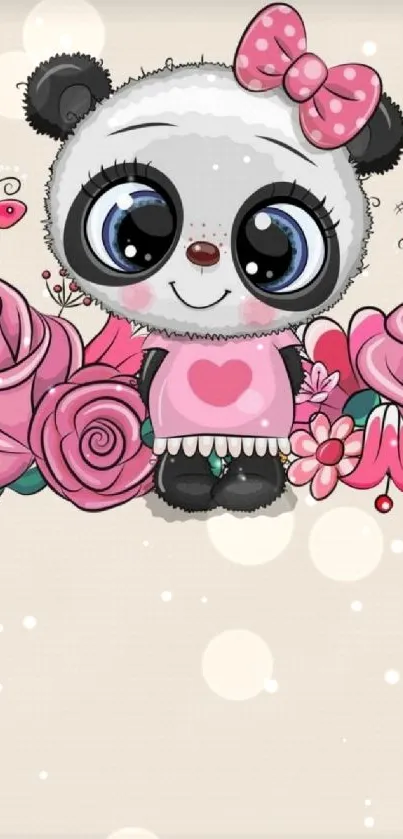 Cute cartoon panda with pink roses and butterflies on mobile wallpaper.