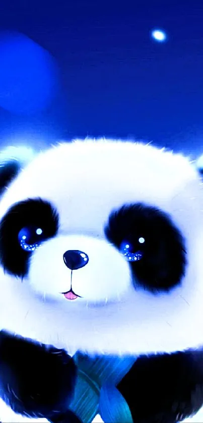 Adorable cartoon panda against a blue starry background.