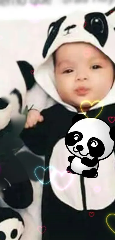 Baby in panda costume with heart lights on mobile wallpaper.