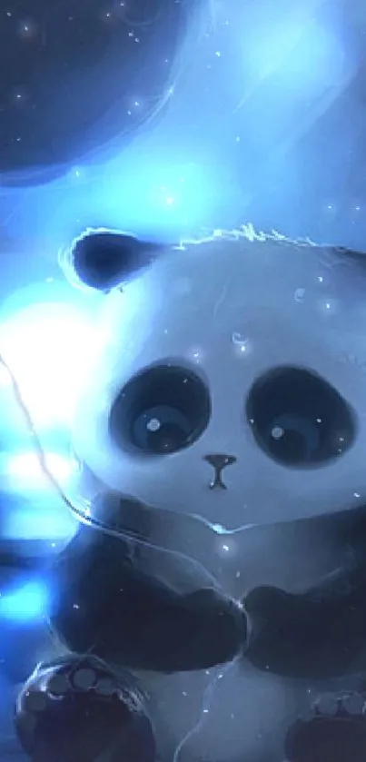 Adorable panda holding a balloon in a dreamy blue scene.