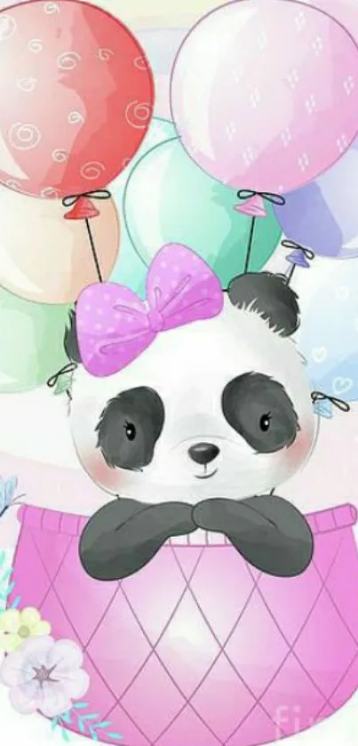 Cute panda with balloons in a pastel basket wallpaper.