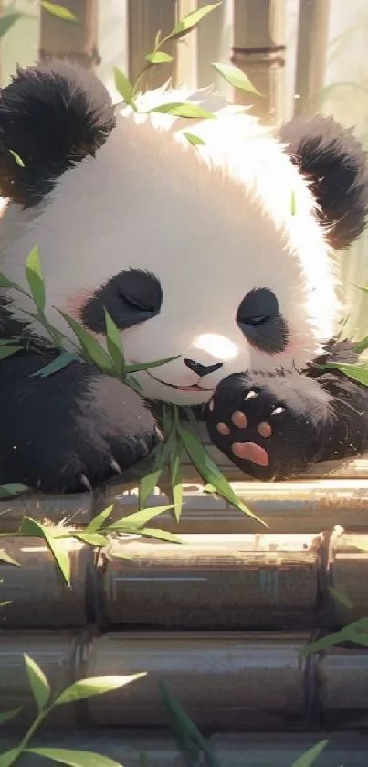 Cute sleeping panda nestled among bamboo leaves in a peaceful nature scene.