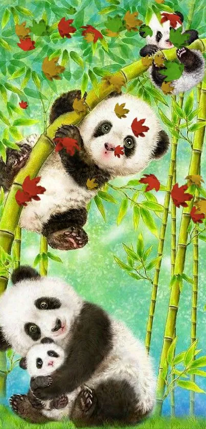 Adorable pandas playing on bamboo in a vibrant green wallpaper.