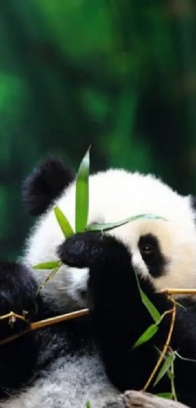 Adorable panda eating bamboo in a lush green forest setting.