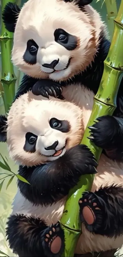 Two adorable pandas hugging on bamboo in a beautiful scene.