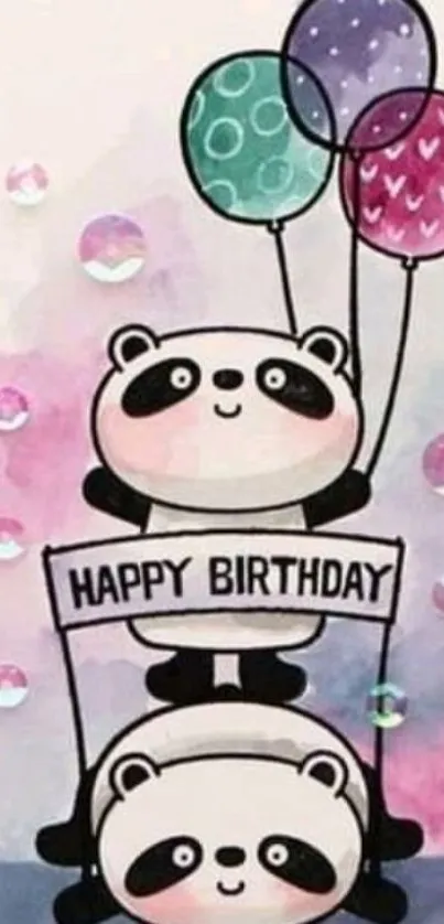 Cute panda birthday wallpaper with colorful balloons.