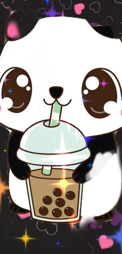 Cute panda with bubble tea and heart patterns on a dark background.