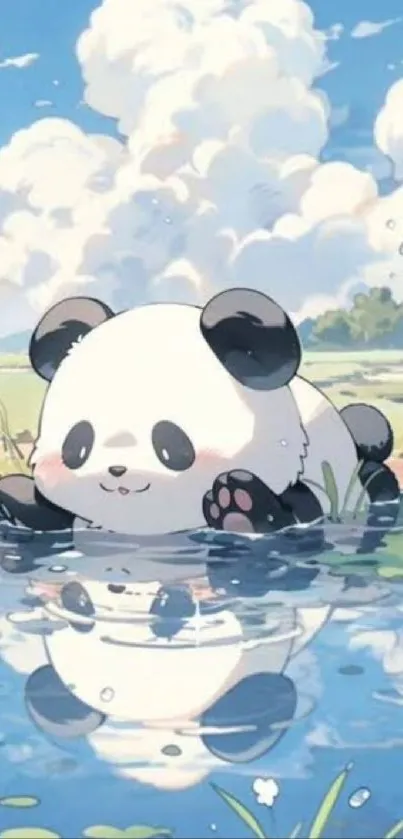 Adorable panda relaxing by a pond, with clouds in the sky.